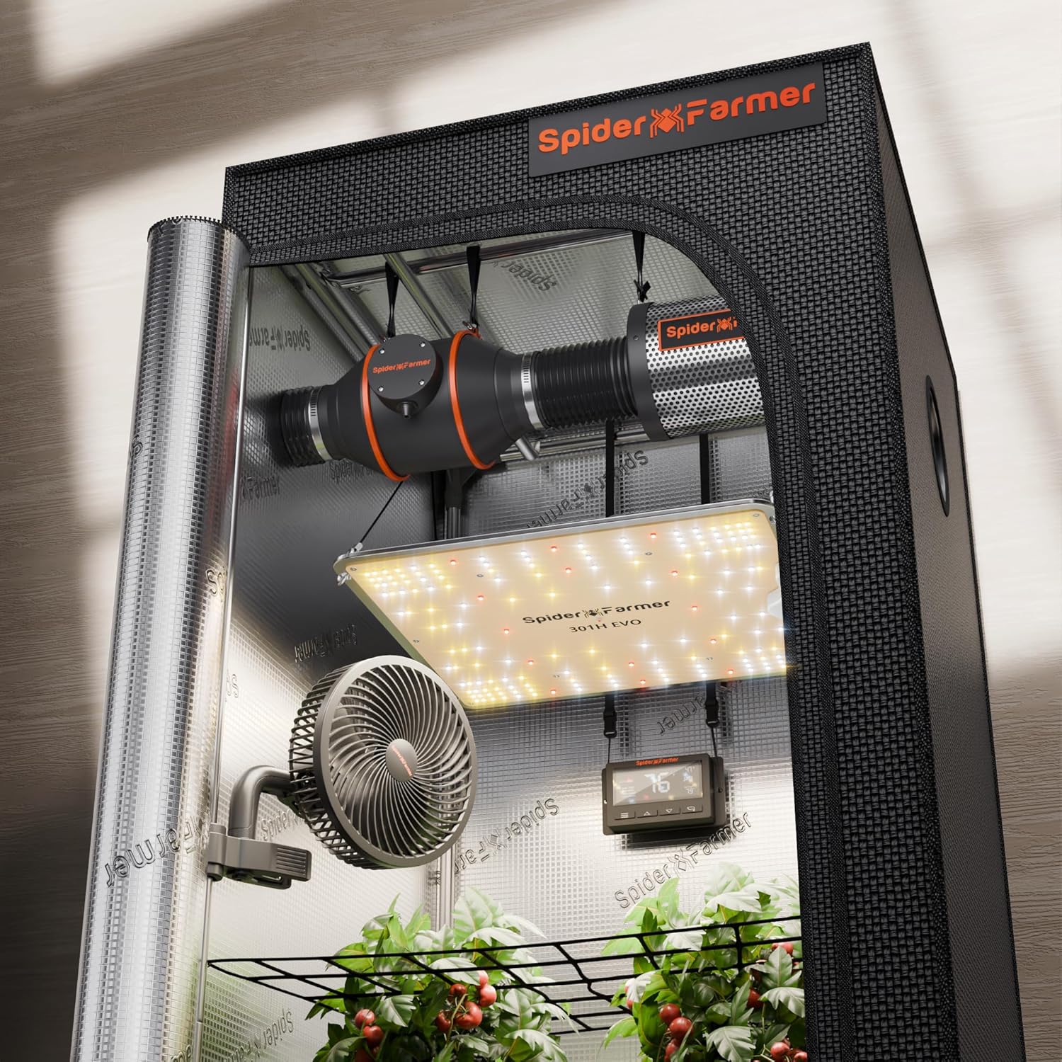 Spider Farmer SF1000 Growzelt Komplettset Grow Light Dimmbarer LED Grow Lampe Vollspektrum Samsung LM301H EVO LEDs GrowZelt Kit Komplettes 70x70x160cm Hydroponics Growing Tent Set Belüftungssystem