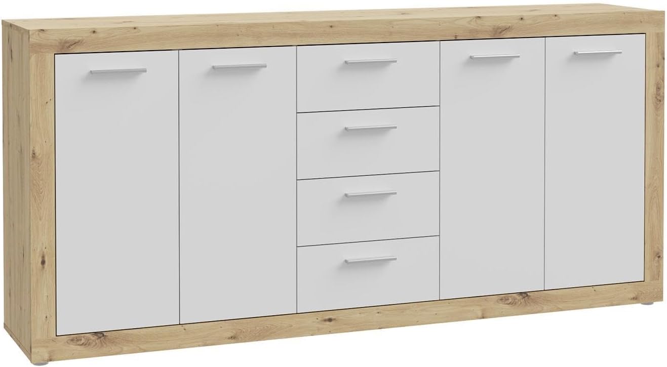 Forte BACCIO Kommode 200, modernes Sideboard mit 4 Schubladen und Türen, Holzwerkstoff, Artisan Eiche Holzdekor | Weiß, 197,1 cm breit x 91,9 cm hoch x 41 cm tief