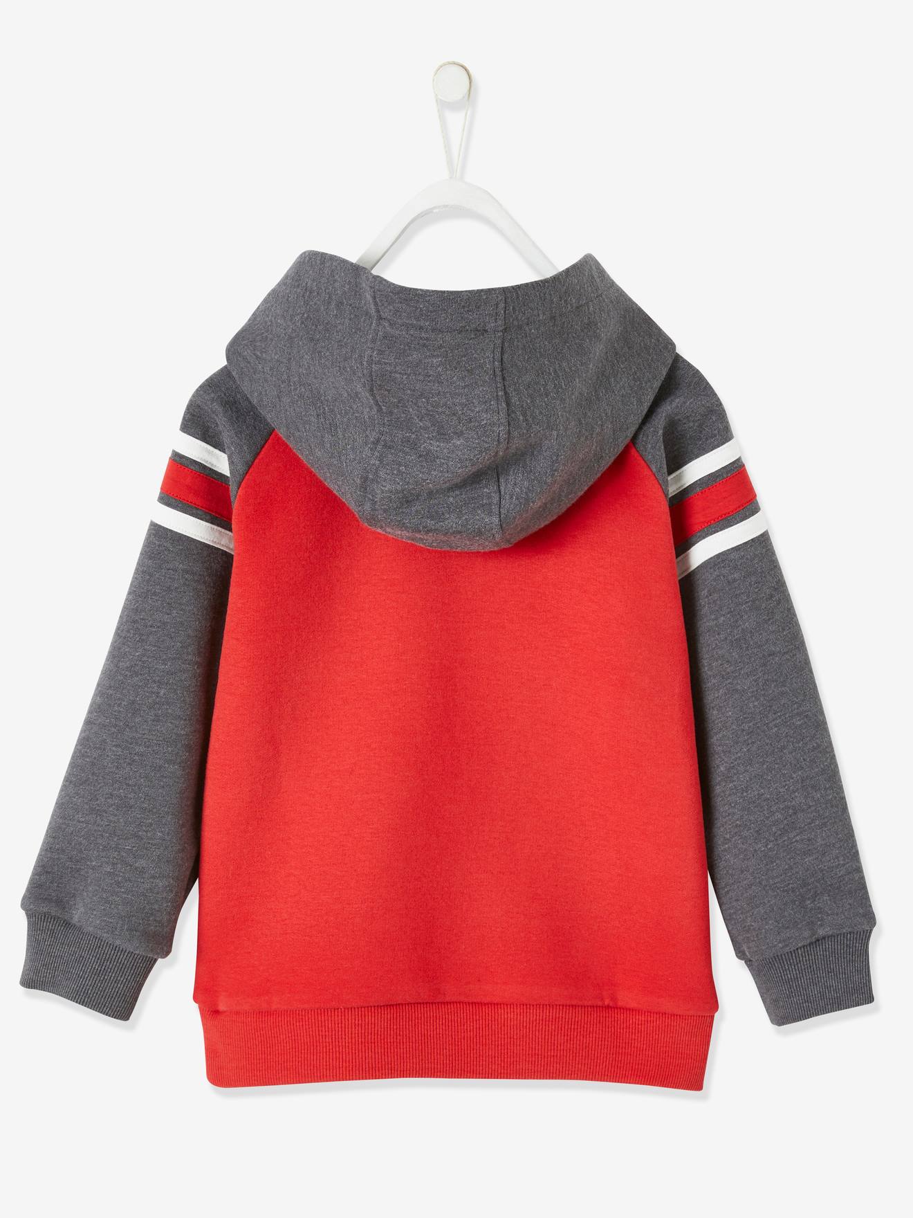 Moletom com capuz, mangas listradas e estampa gráfica, para meninos, tamanho médio, vermelho, liso com estampa.