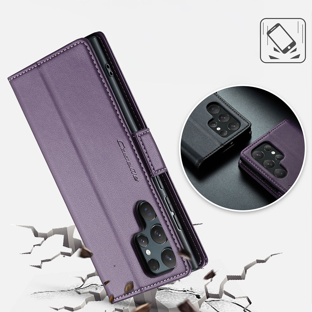 Samsung Galaxy S25 Ultra Leder Tasche Flip Wallet Etui mit Kartenfächern Litchi Look (RFID Schutz) - Violett