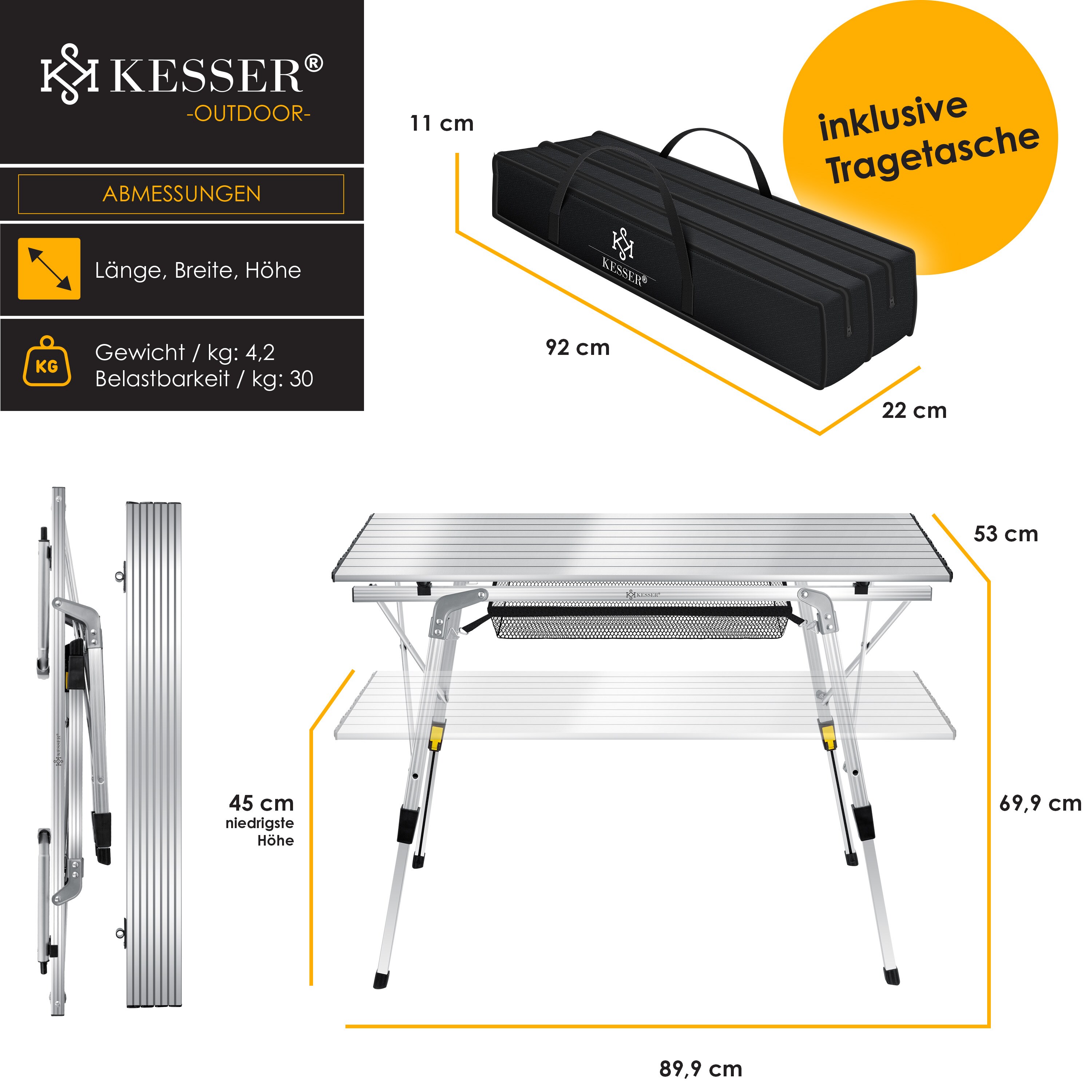 KESSER® Campingtisch faltbar Klapptisch Camping Tisch mit Aluminiumrahmen Aufrollbare Tischplatte Falttisch klappbar mit Höhenverstellung inkl. Tragetasche mit Trageband 90 x 53cm - bis 30 kg