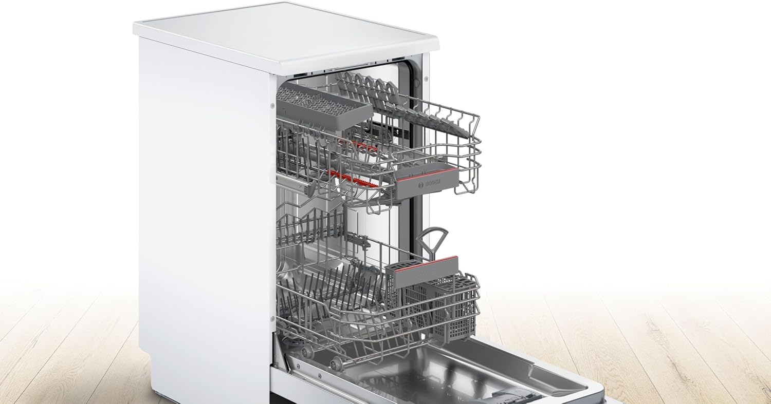 Bosch SPS4HKW49E Serie 4 Freistehender Geschirrspüler 45 cm, Vario Flex Korbsystem, AquaStop, Extra Trocknen, Active Water Technologie, EcoSilence Drive, Weiß