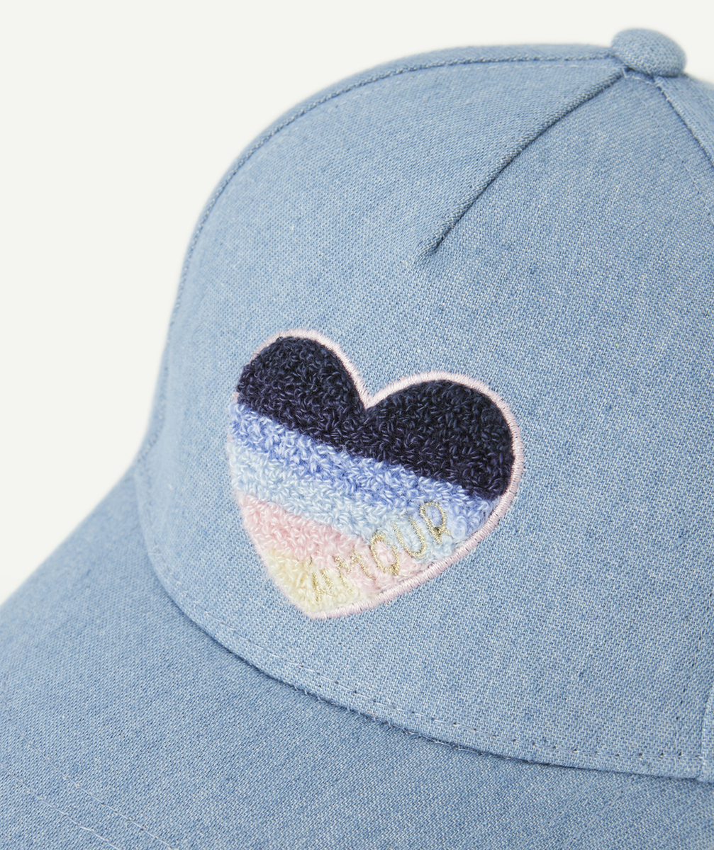 casquette bébé fille en coton effet denim bleu avec coeur en bouclettes