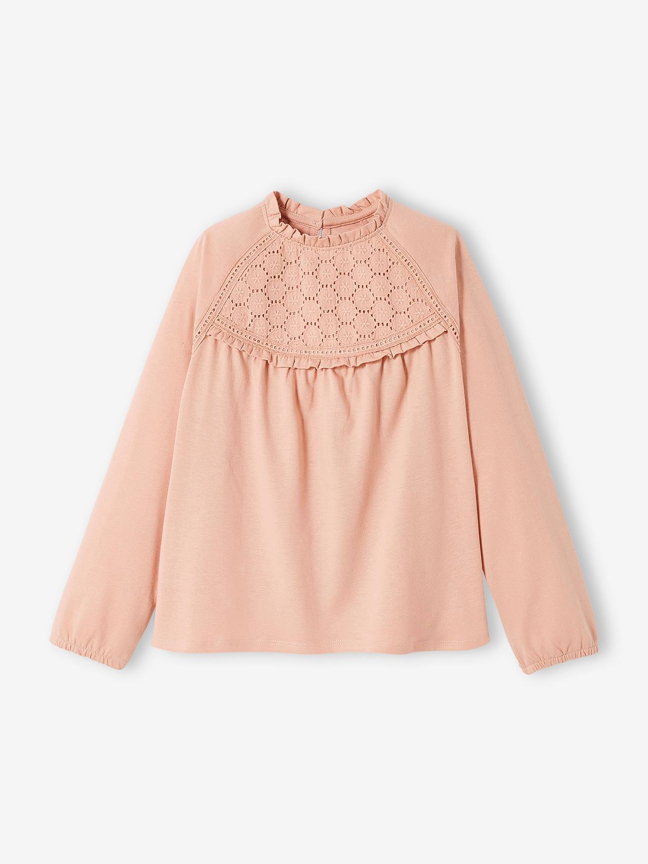 Blusa camiseta com detalhes em bordado inglês, cor cru, infantil.