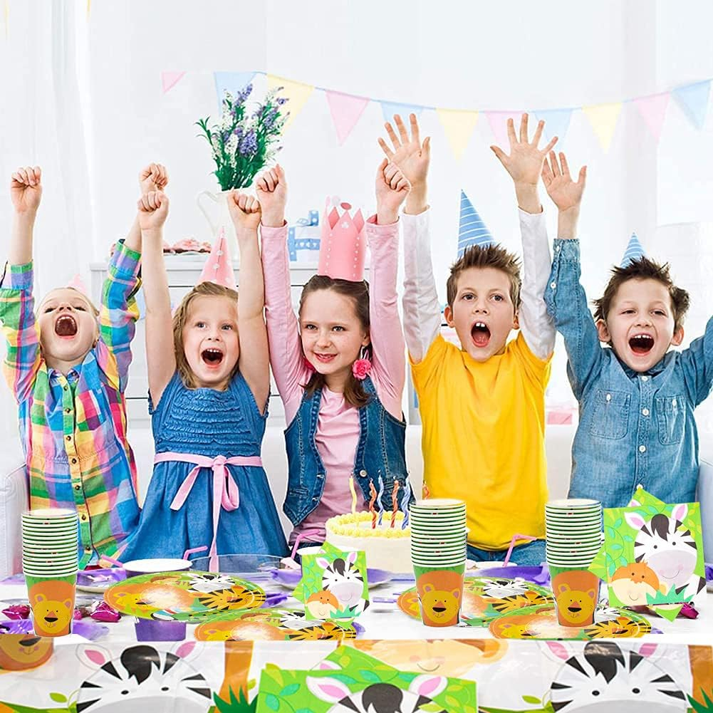 (81-tlg. Set) Einweg Geschirr Kinder Party Tisch Deko inkl. Tischtuch / Teller / Servietten / Papp Becher - Zoo Tiere