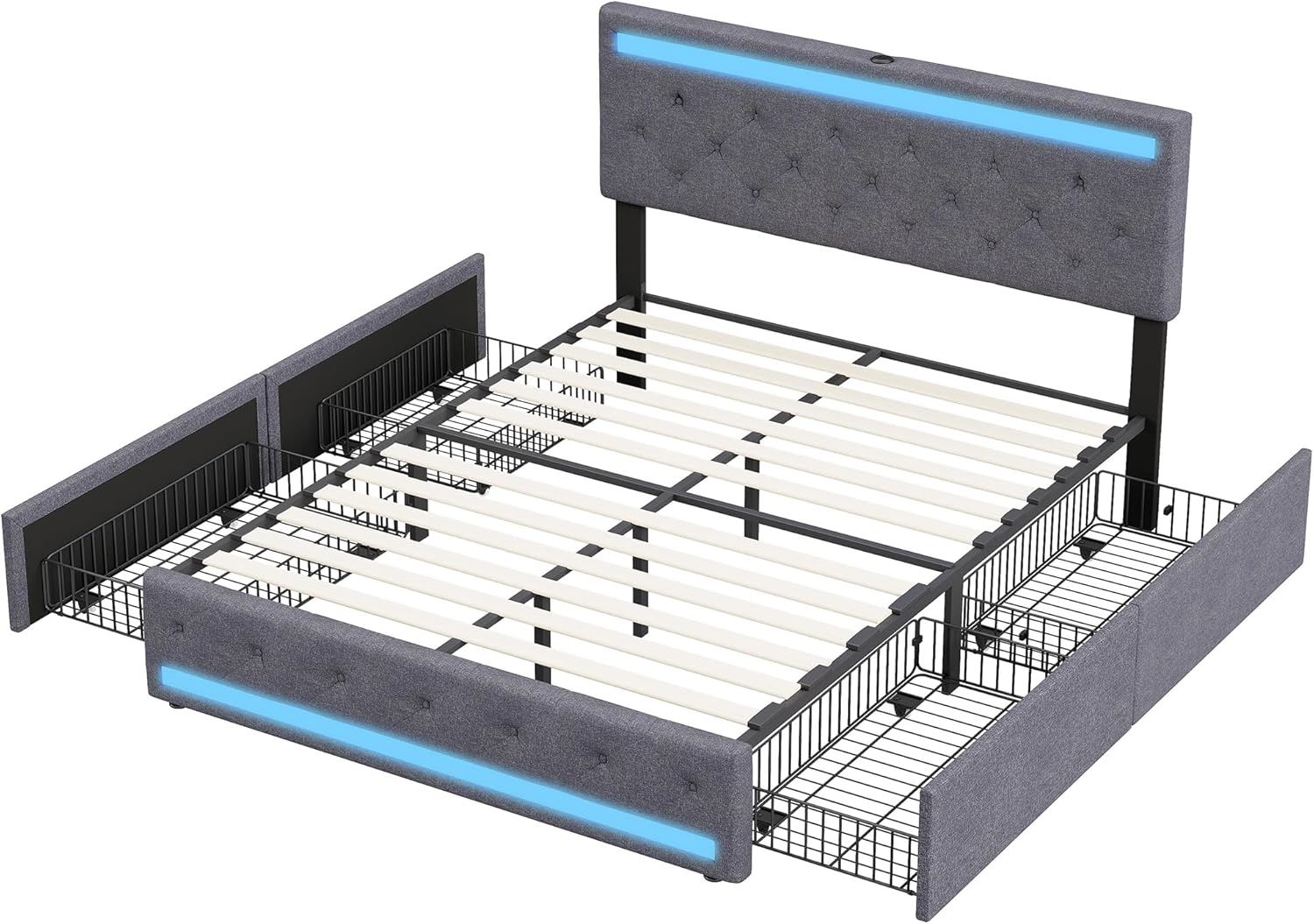 Polsterbett Doppelbett 180x200 cm, Stauraumbett mit 4 Schubladen, Bett 180x200 mit Bettkasten und Lattenrost, LED Kopfteil mit USB Ladestation, Jugendbett Funktionsbett Rückenlehne Bett, Leinen