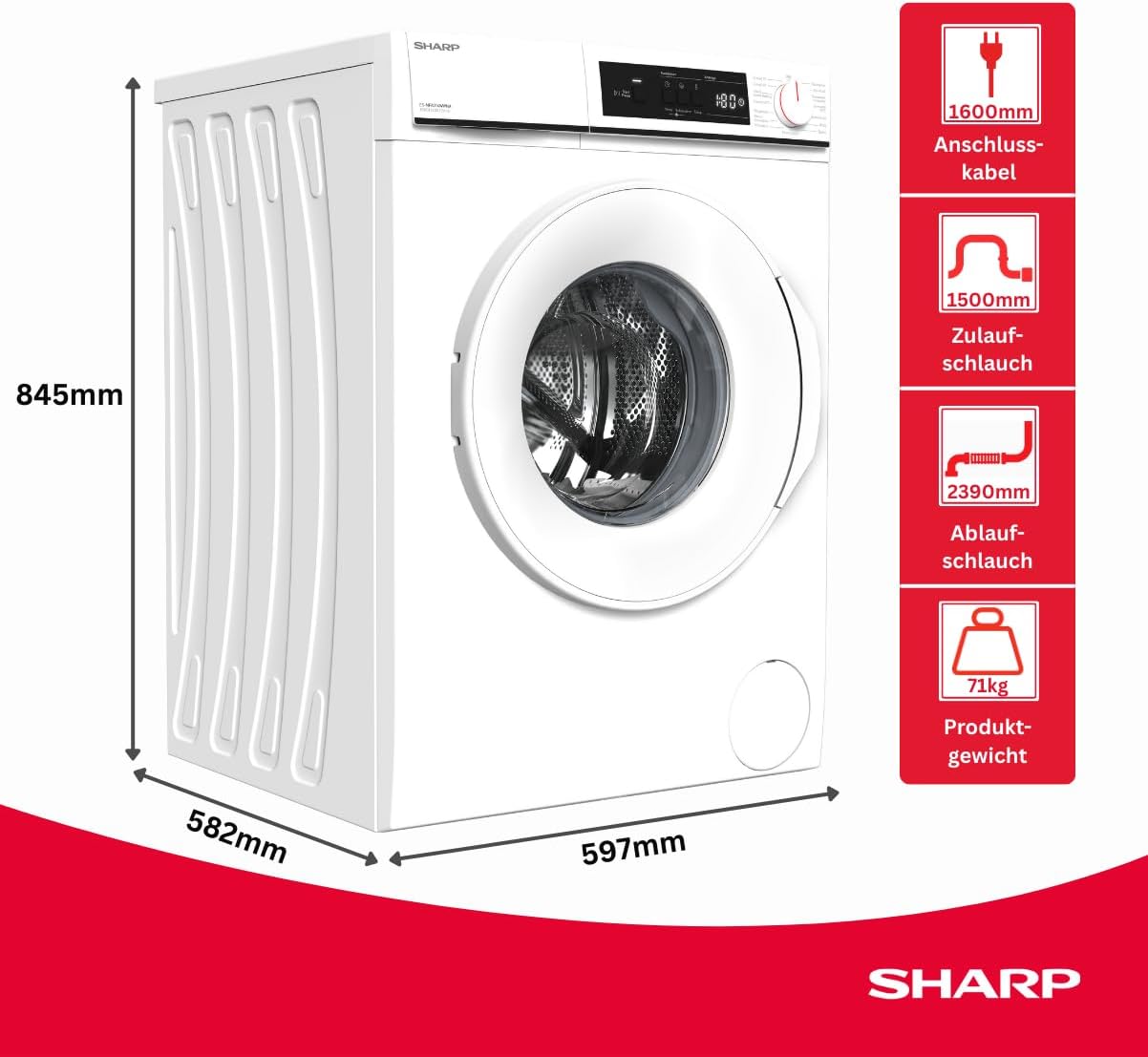 Sharp ES-NFA014WWNA-DE Waschmaschine, 10 kg, 1400 U/min, Energieeffizienzklasse A, AquaStop, AllergySmart, LED-Display, Inverter Motor, Frontlader, Weiß