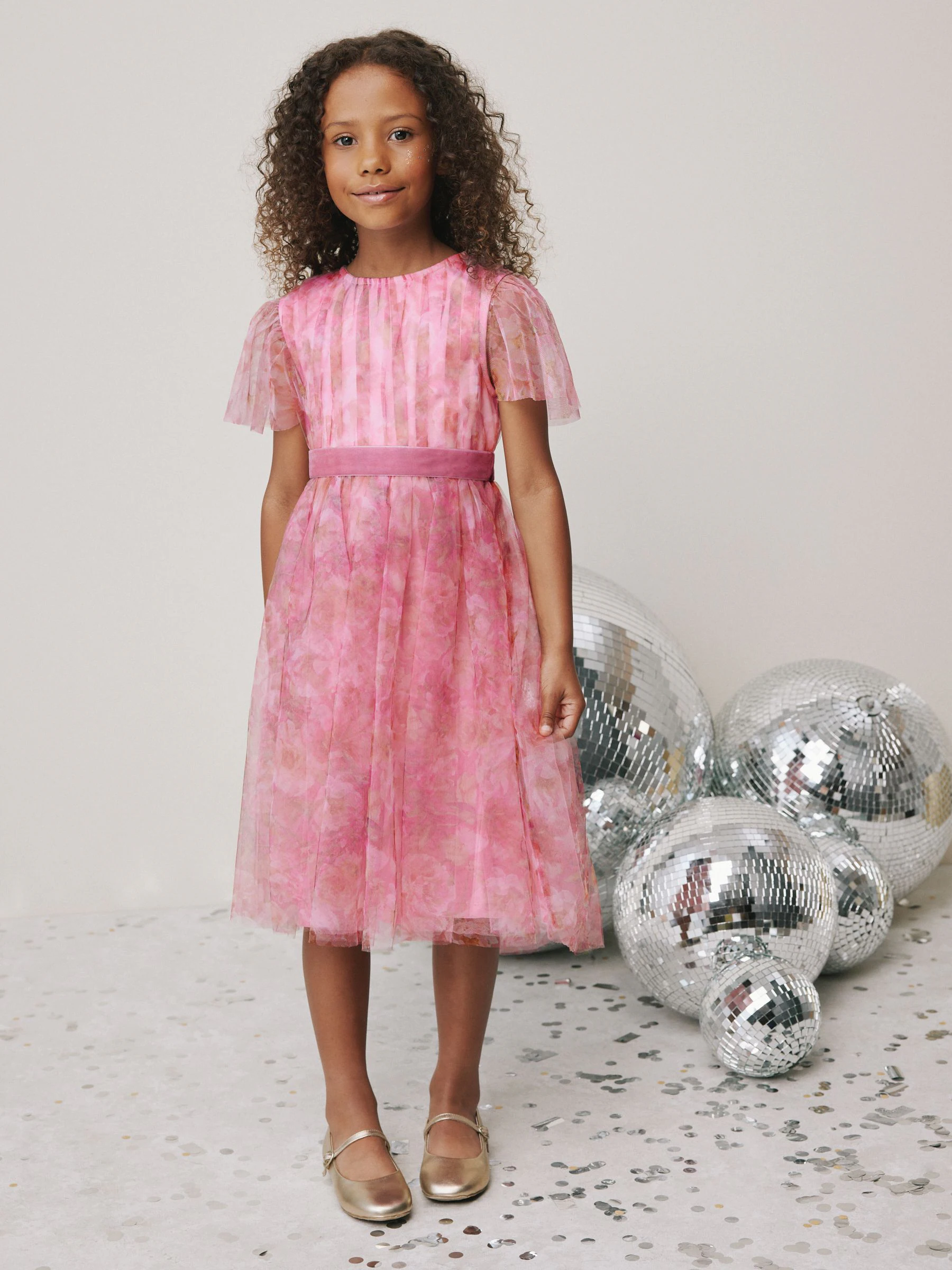 Roze bloemen - Mesh Prom Dress (3-16yrs)