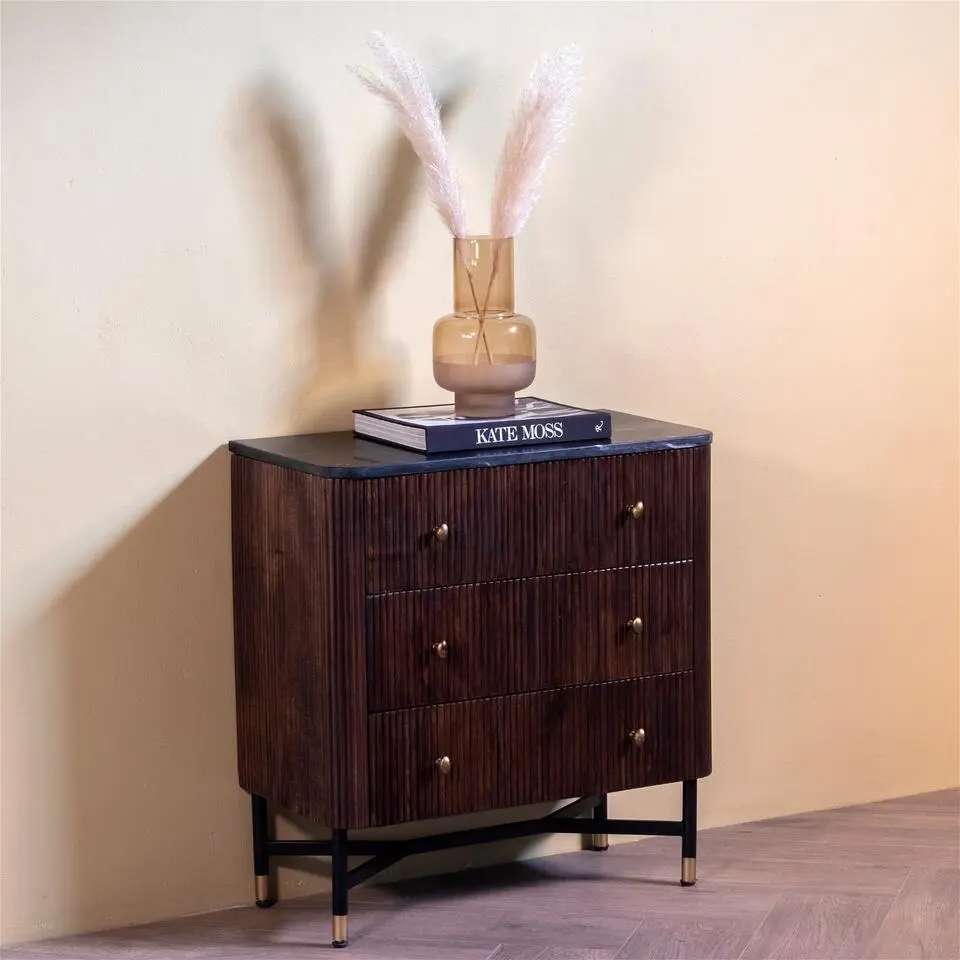 Sidetable Bruin Mangohout - Zwart Marmer - 75cm - Japandi