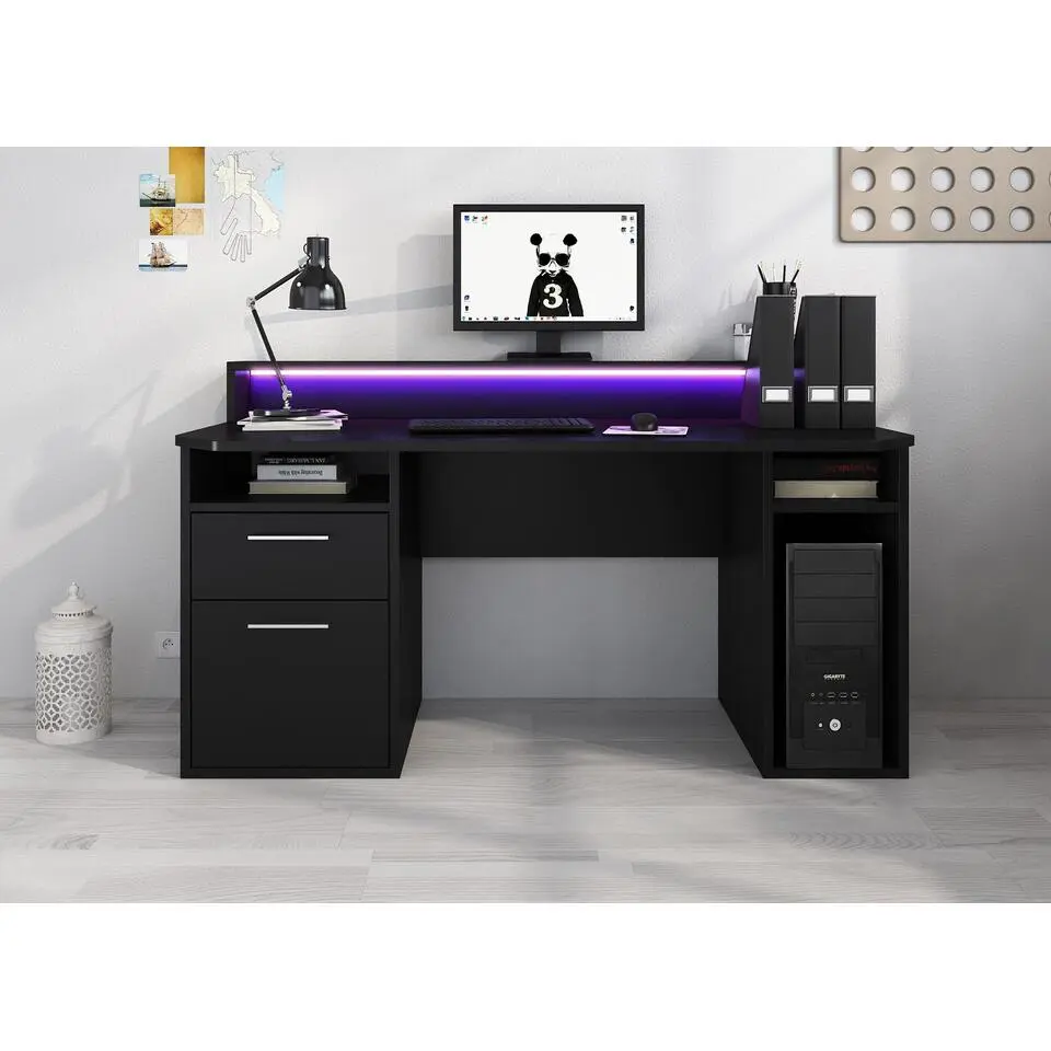 Meubella - Bureau Tamara 3 - Zwart - 160 cm - Met LED
