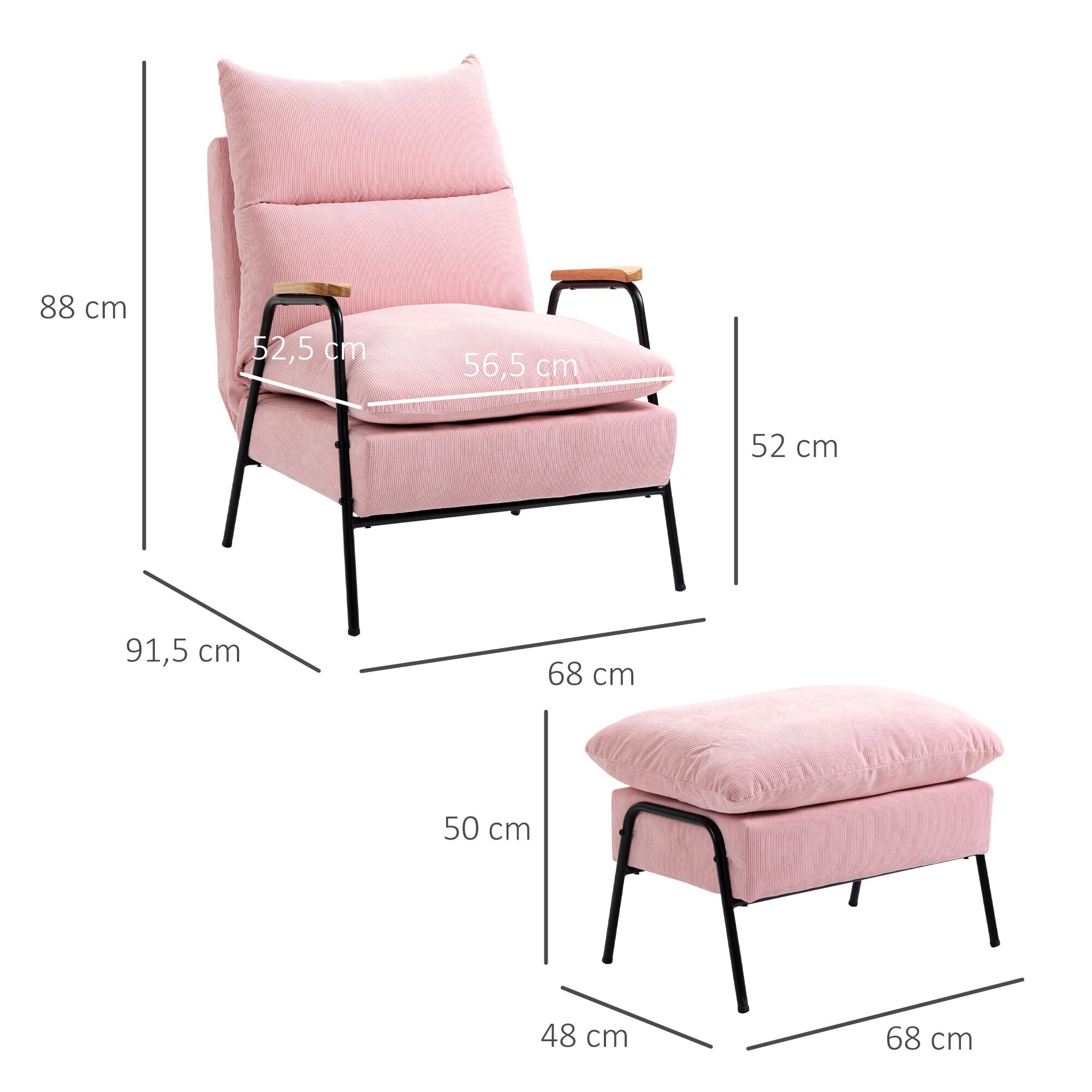 HOMCOM Polstersessel mit Kissen und Fußhocker 68L x 91,5B x 88H cm