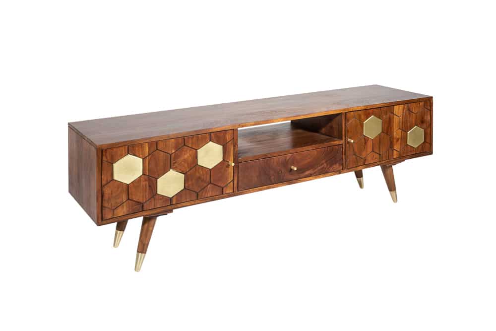 Massives TV-Lowboard MYSTIC LIVING 140cm Akazie braun gold Retro Design