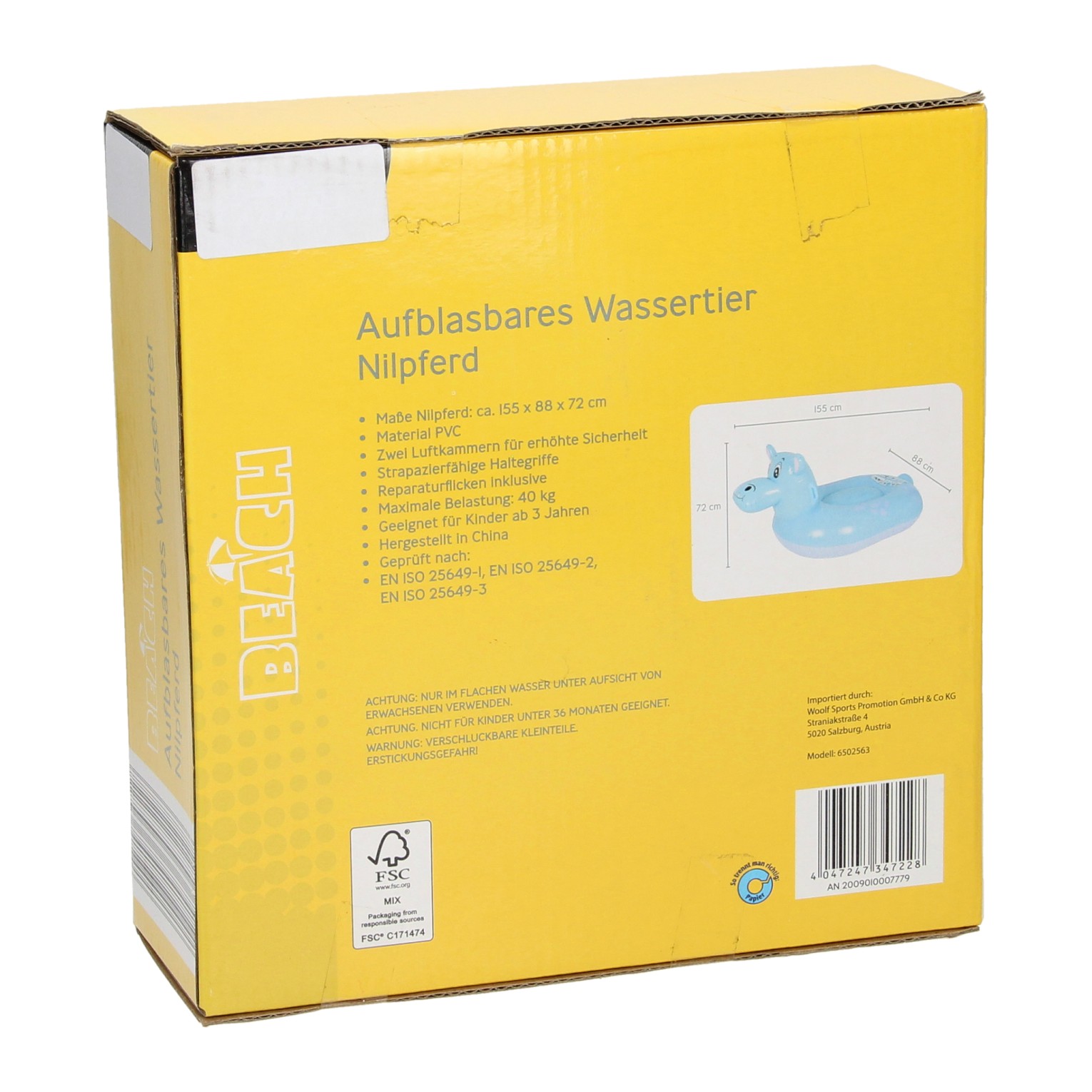 Opblaasbaar Waterdier Nijlpaard, 155cm