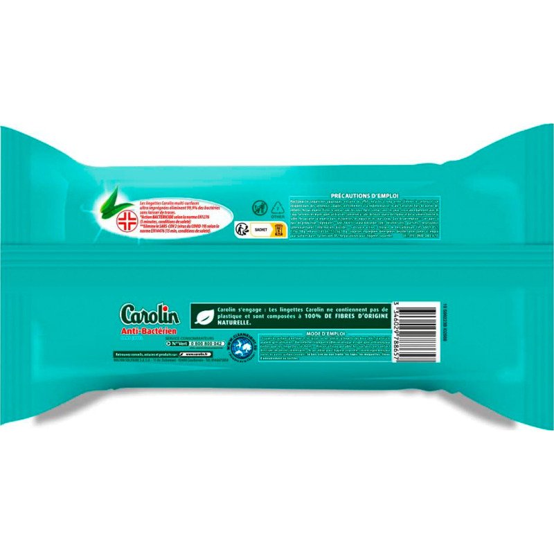 Lingettes nettoyantes extra-larges Carolin anti-bactérien - Eucalyptus - Paquet de 80
