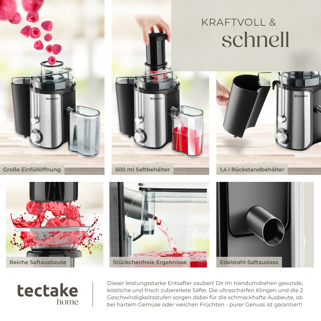 tectake® Entsafter, 600 W, 500 ml Fassungsvermögen, Edelstahlgehäuse, rutschfeste Gummifüße, 18 x 26 x 28,5, GS-Zertifikat