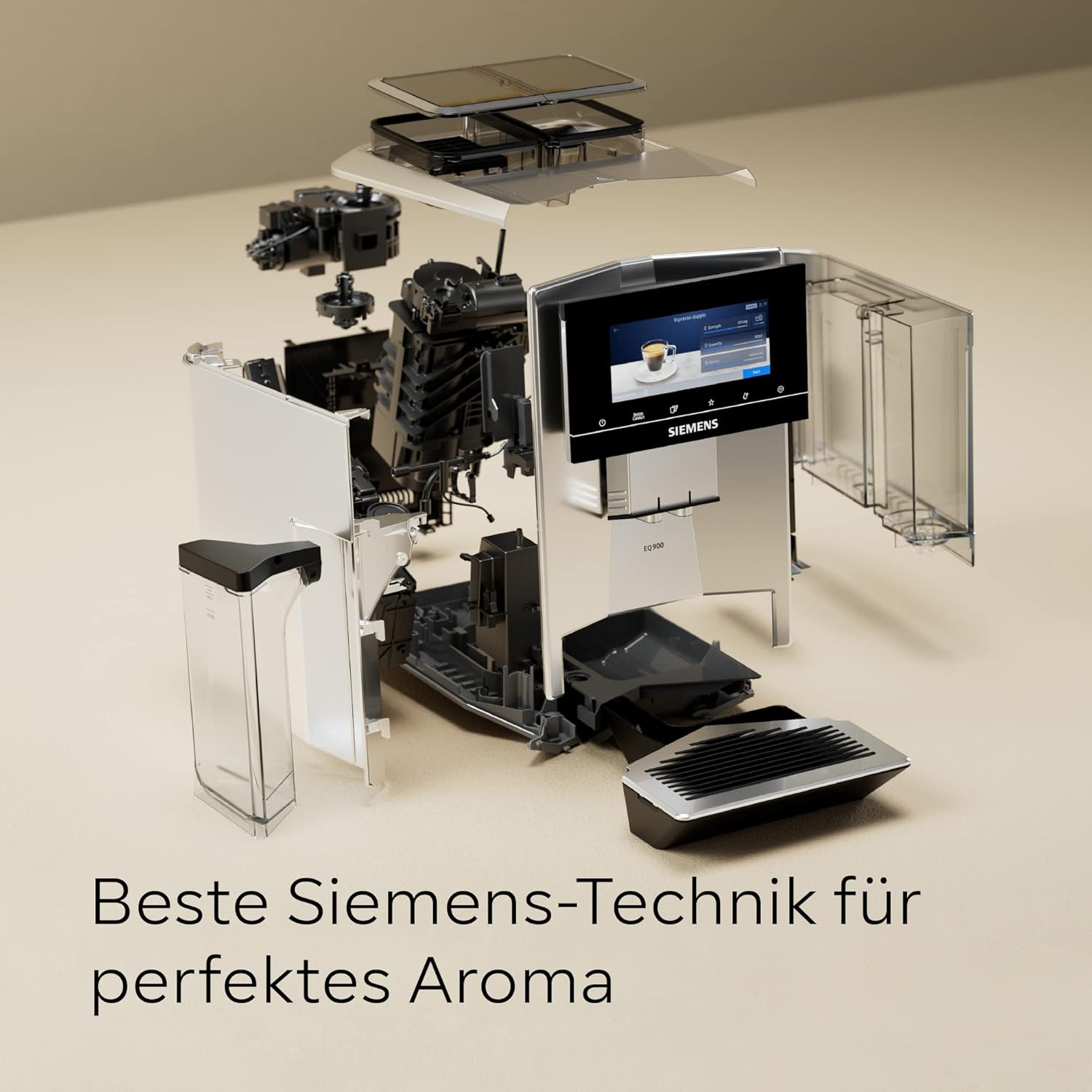 Siemens, machine à café automatique EQ900 TQ903D03, contrôle par l'application, écran tactile, mode barista, AromaBoost, réduction du bruit, broyeur premium, nettoyage à la vapeur, 1 500 W, inox