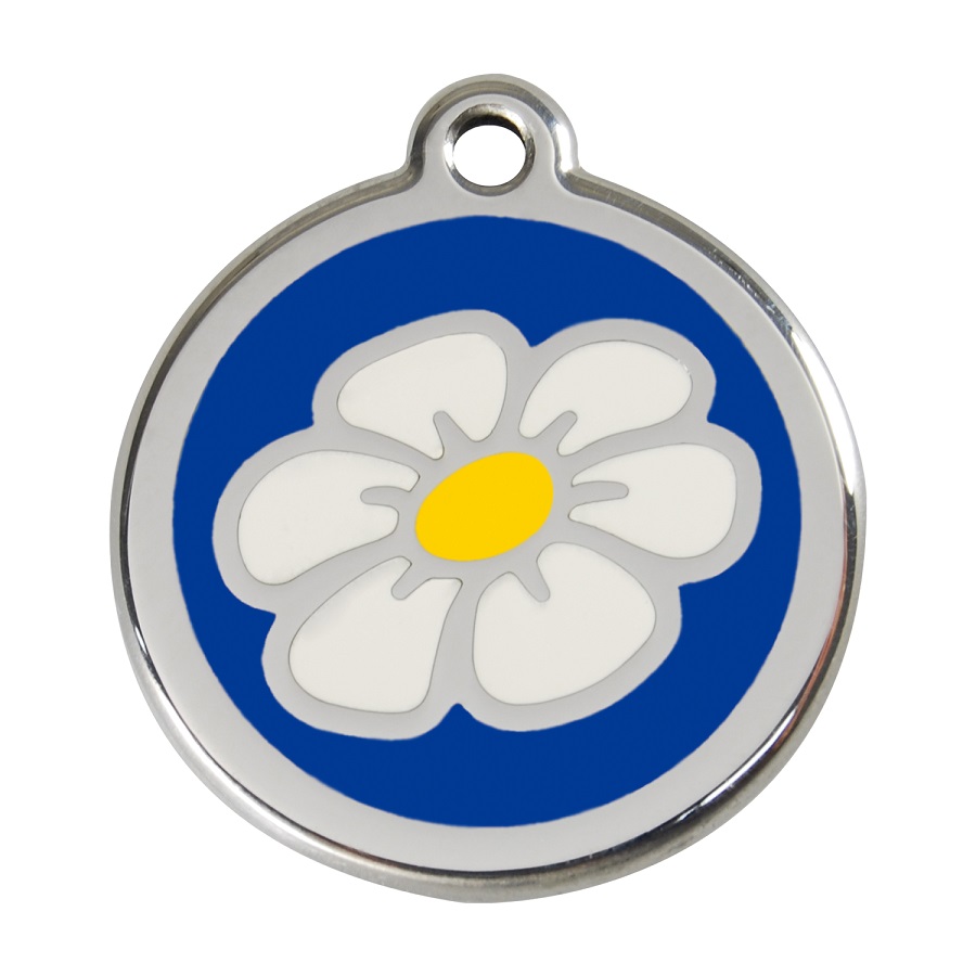 Placa de identificação para cães em aço inoxidável esmaltado com desenho de margarida azul