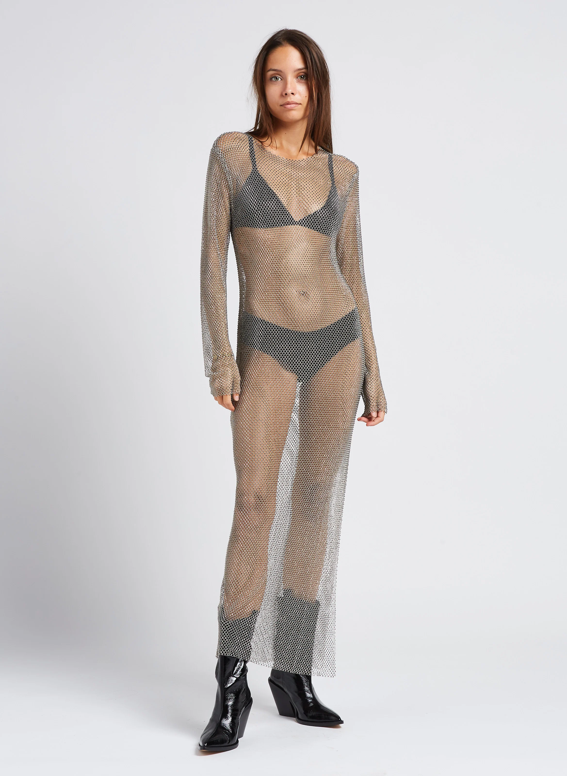 MAGDA - Robe longue col bateau à strass| Gris