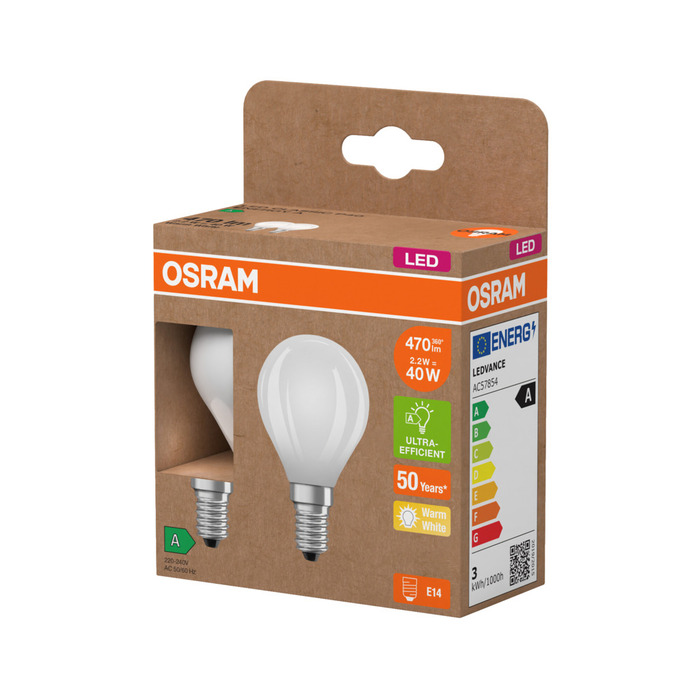 Osram LED mat kronepære E14 2,2 W 2-pk.
