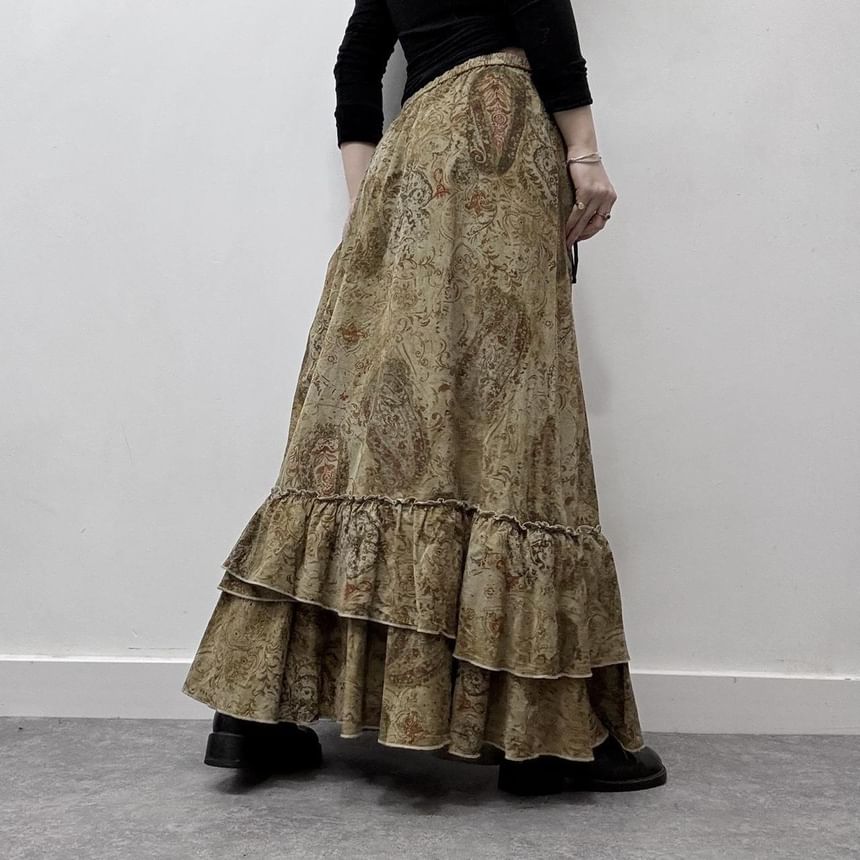 Puffie - Ronde hals, bloemenprint, volantrand, strikceintuur, open rug, camisole top / lage taille, geplooide zoom, maxi-A-lijn rok