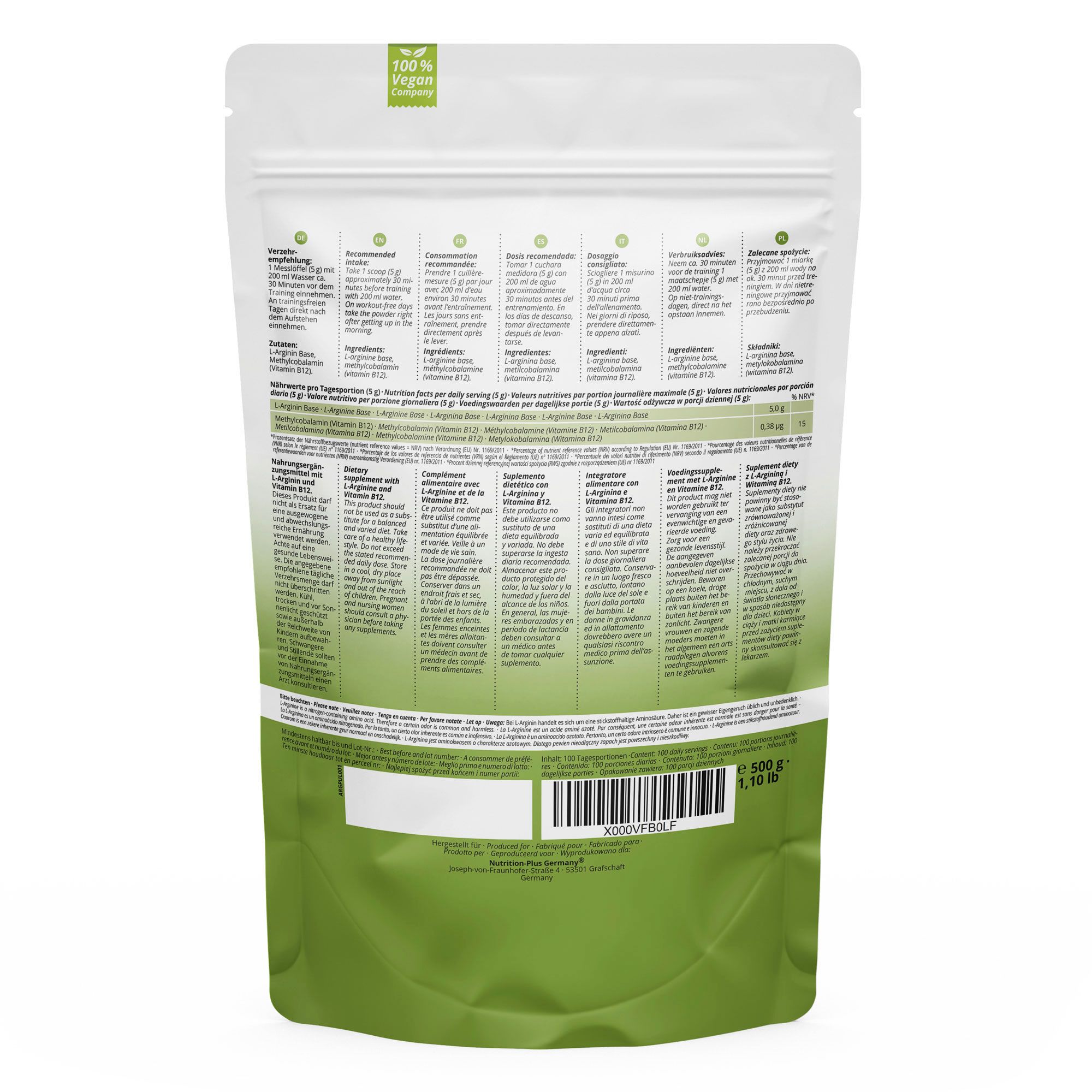 Nutri+ L-Arginin Base Pulver 2x 500g - Aminosäure
