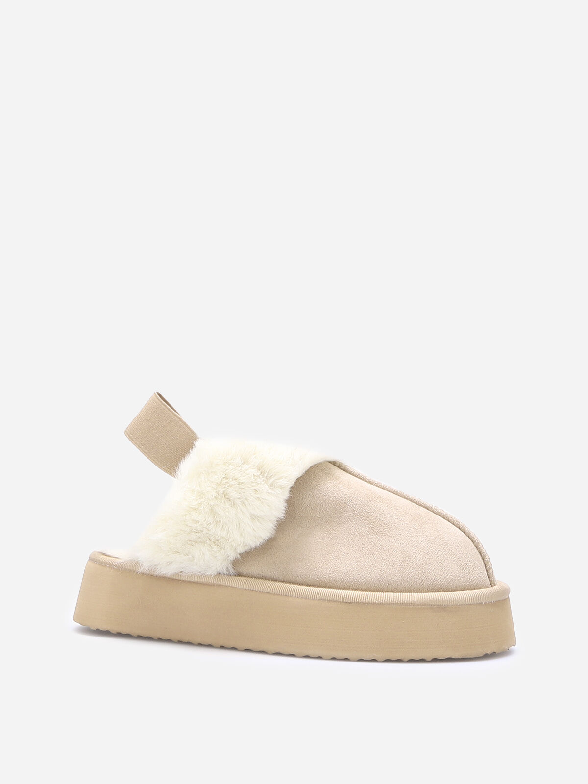 Mules fourrées à plateforme- Beige