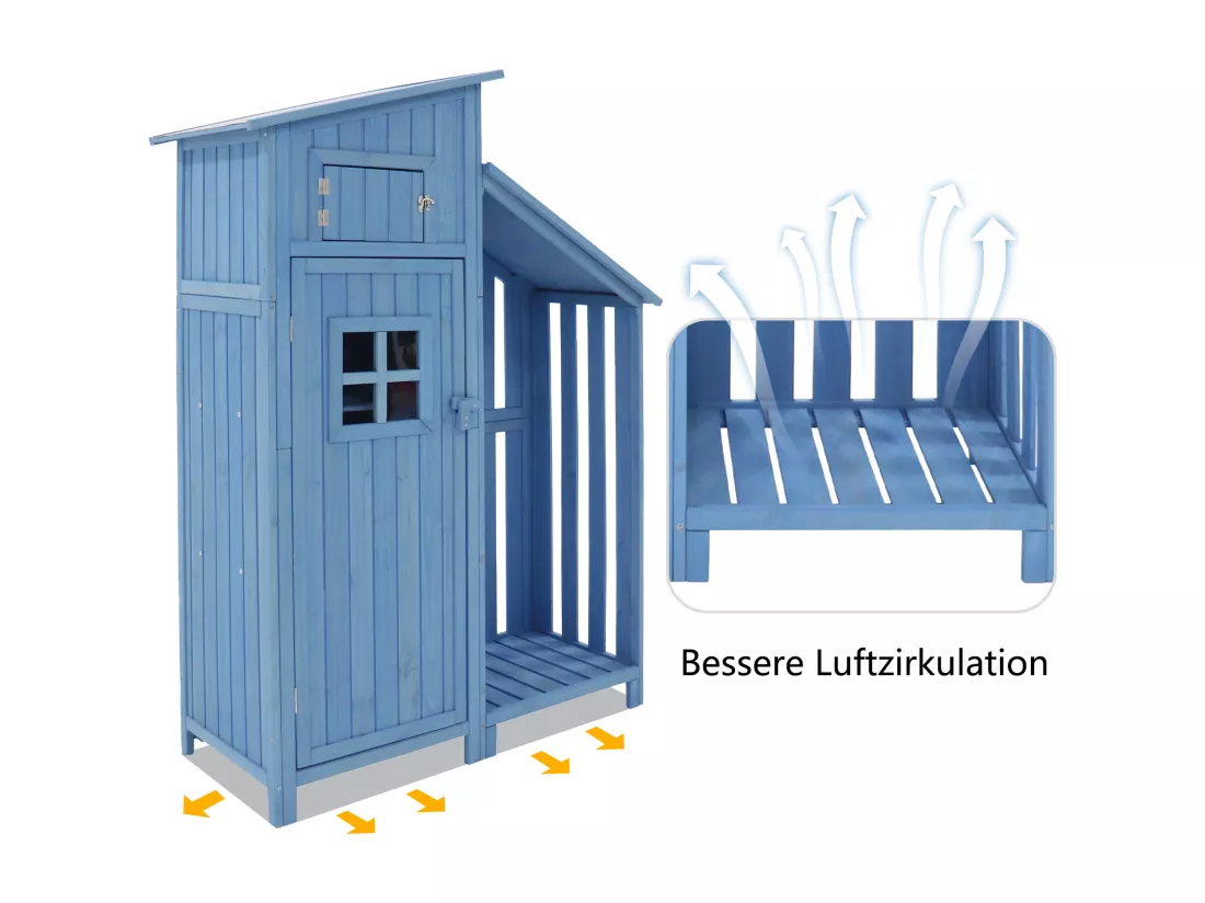 Abri de jardin en bois massif avec toit pente en PVC - 2 étagères 3 portes loquets - L124 x P46 x H174 cm - Bleu