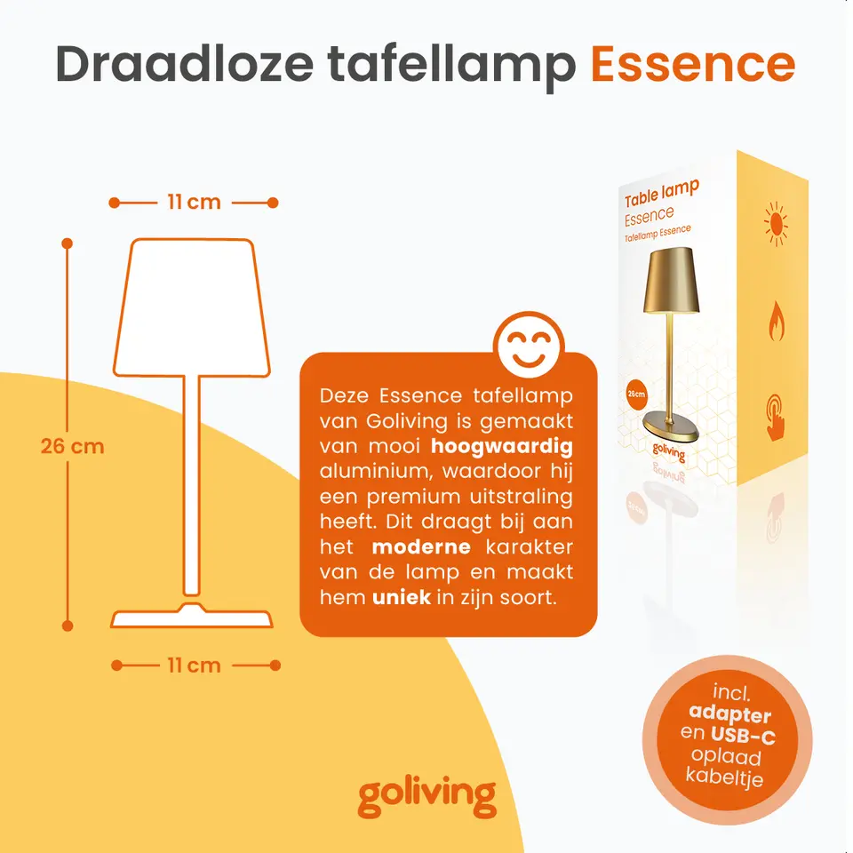 Goliving Tafellamp Oplaadbaar – Draadloos en dimbaar – Moderne touch lamp