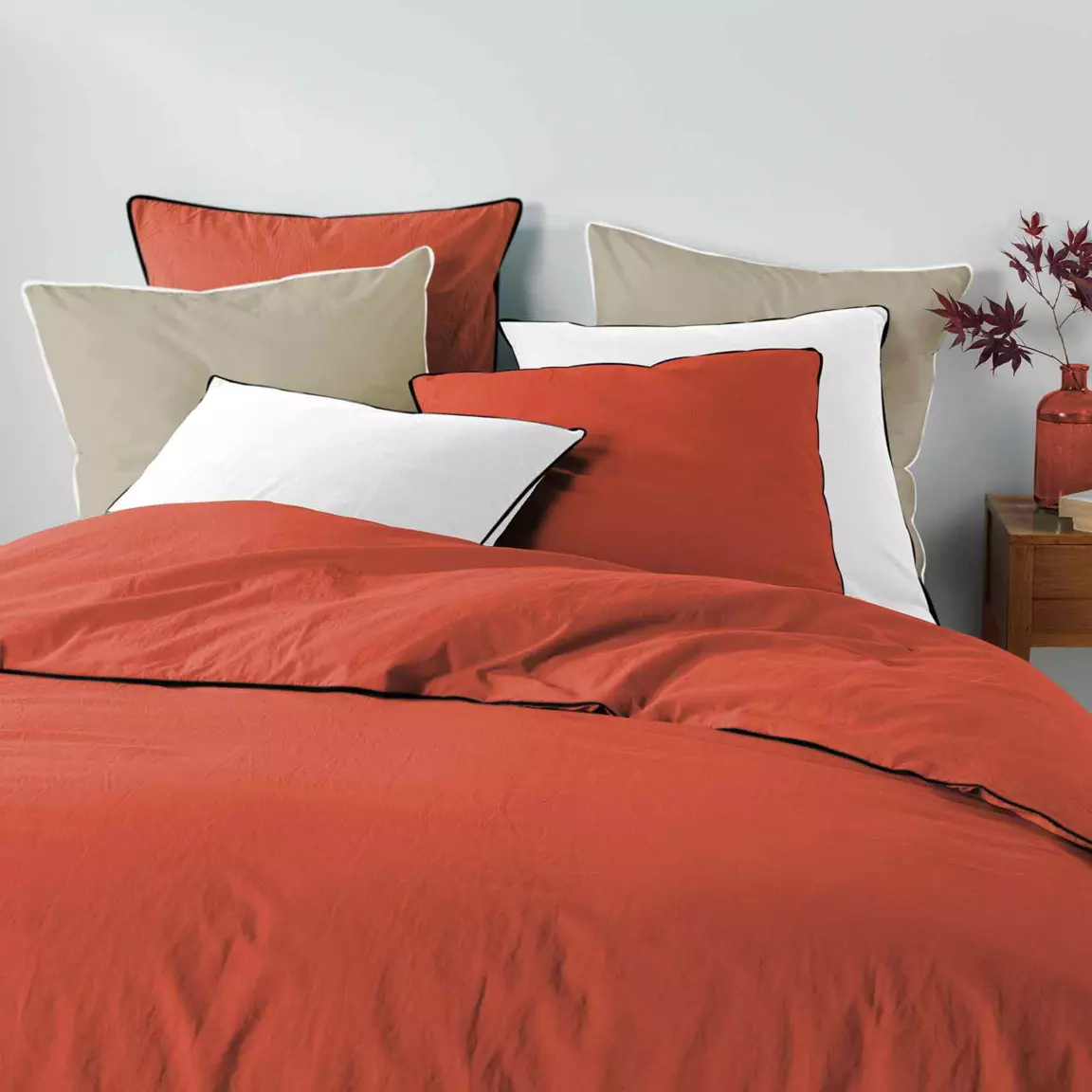 Drap housse coton lavé (160 x 200 cm) Linette Terracotta
