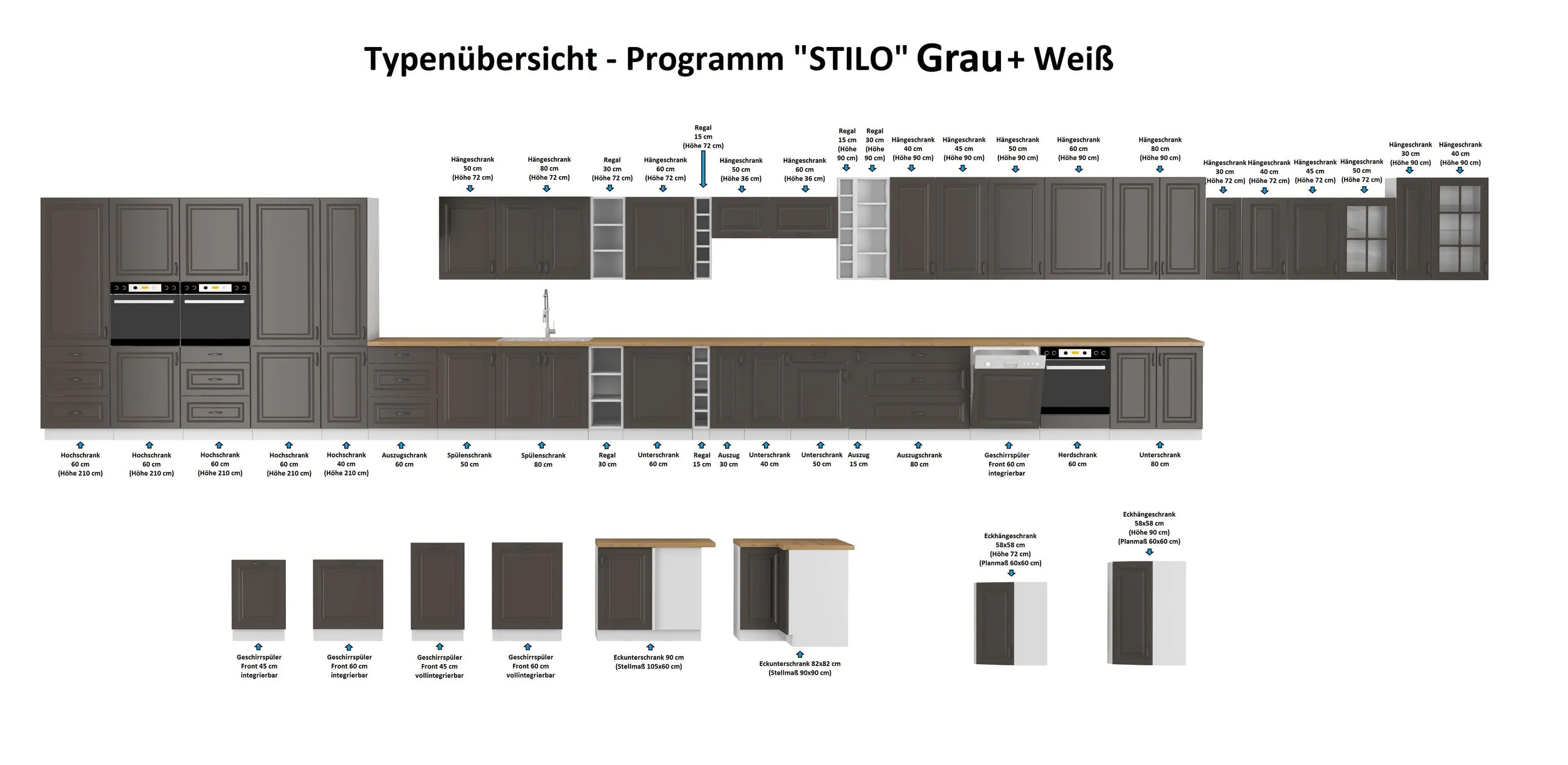 Hängeschrank 45 cm Stilo Grau Küchenzeile Küchenblock Küche Landhaus Einbauküche