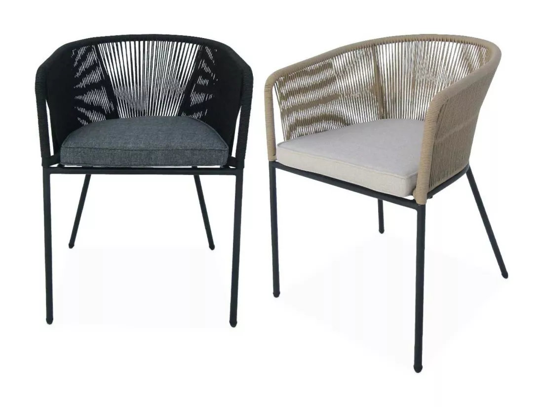 Lot de 4 fauteuils de jardin en corde beige et acier galvanisé. coussin beige