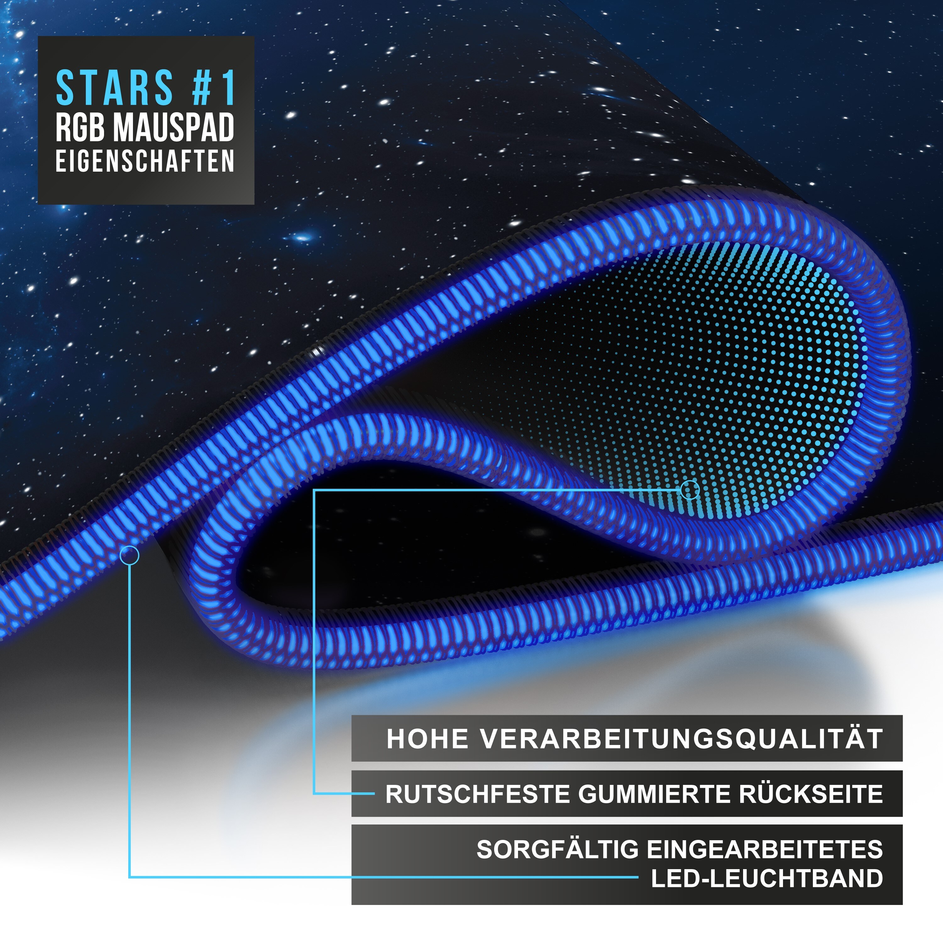 CSL RGB Gaming Mauspad, Gaming Mauspad - 800 x 300 mm XL Mousepad - LED Multi Color, Stars