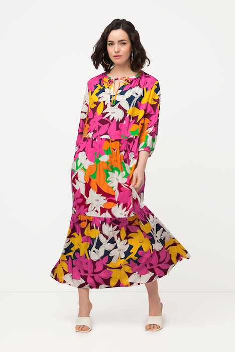 Kleid, Blüten, A-Linie, Tunika-Ausschnitt, 3/4-Arm