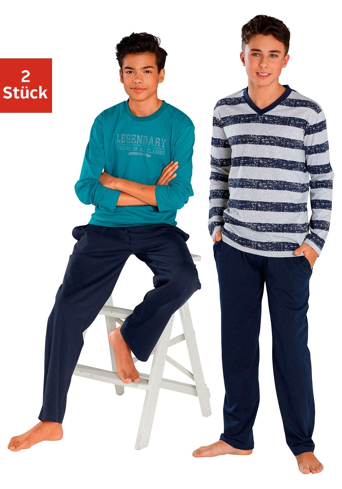 le jogger® Pyjama »mit Streifen und Print«, 4 Stk. in langer Form