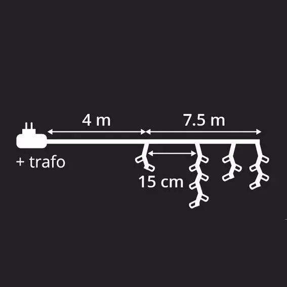 Stalactite lumineuse 7,50 m 175 LED câble noir Blanc chaud