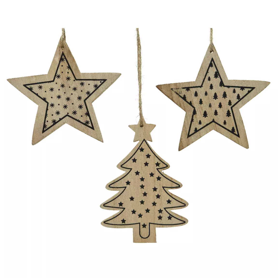 Lot de 3 étoiles et sapins à suspendre (H12 cm) Bois Naturel