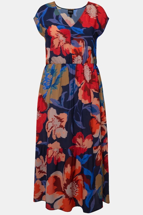 Maxikleid, Blüten, A-Linie, V-Ausschnitt, Halbarm