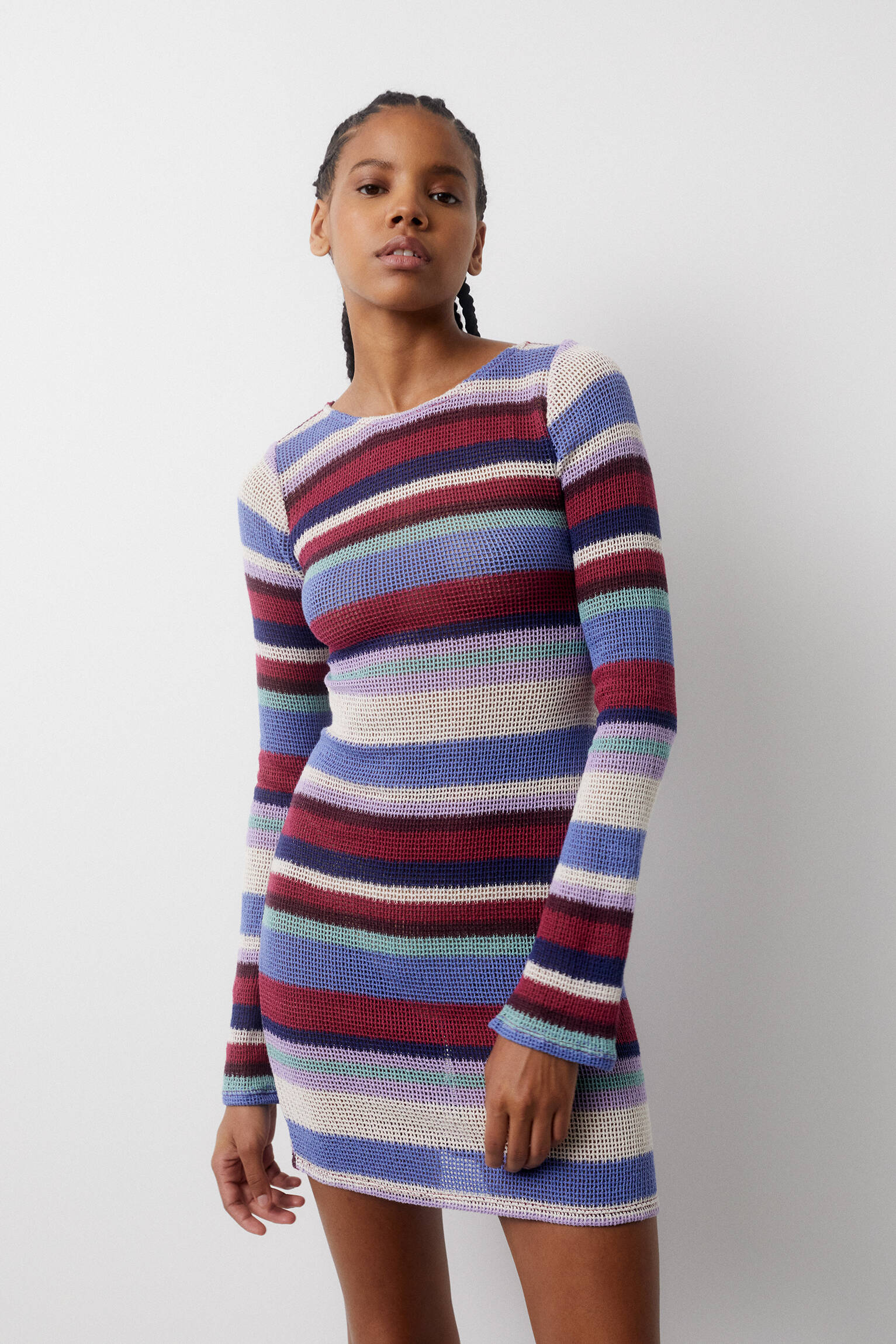 VESTIDO CURTO DE MALHA LISTRADA - AZUL