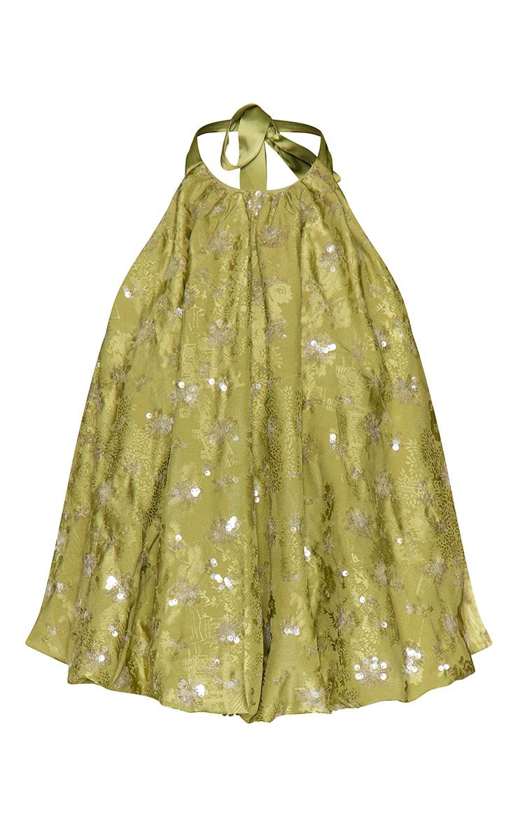 Vert Haut Court Bouffant À Sequins Texturés Et Col Licou Assorti