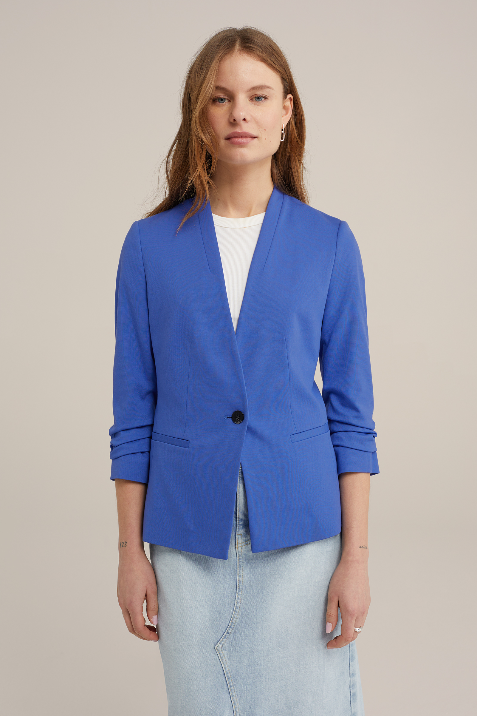 getailleerde jersey blazer met rimpeleffect WE Fashion IJsblauw