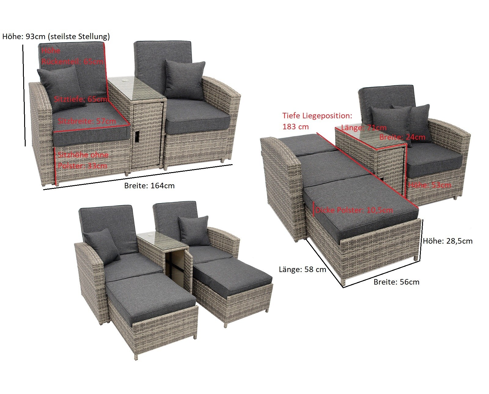 DEGAMO Funktions - Doppelliege MATERA, Alu + Polyrattan grau-bicolor
