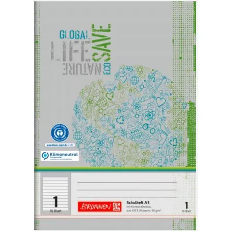 BRUNNEN Schulheft Recycling A5 11 Liniensysteme, Kontrastlineatur, Lin. 1 grau-grün