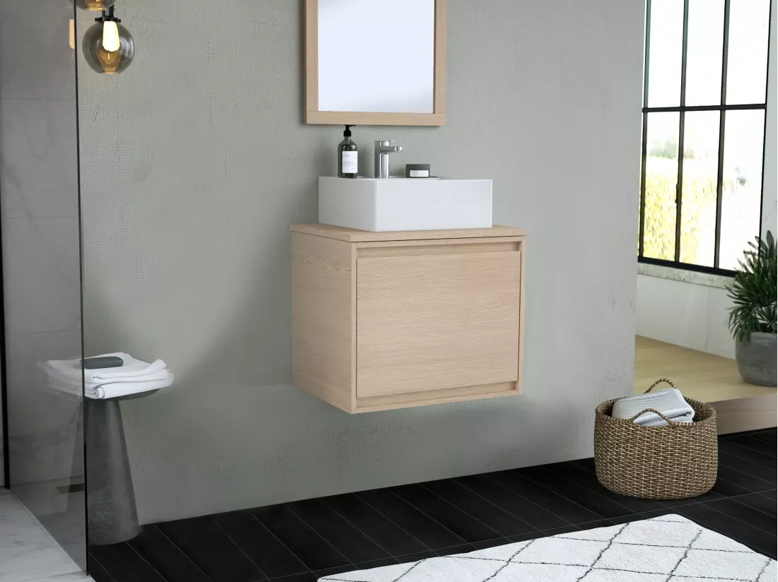 Meuble sous vasque avec tiroir à l'anglaise et planche - 60 cm - Placage chêne - MESLIVA