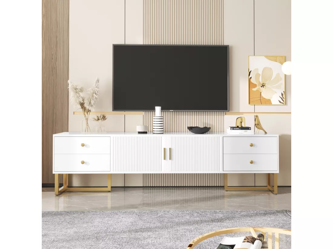 Meuble TV avec 2 portes et 4 tiroirs - 175 x 30 x 46 cm - bois MDF, pièds et poignées en métal doré - blanc
