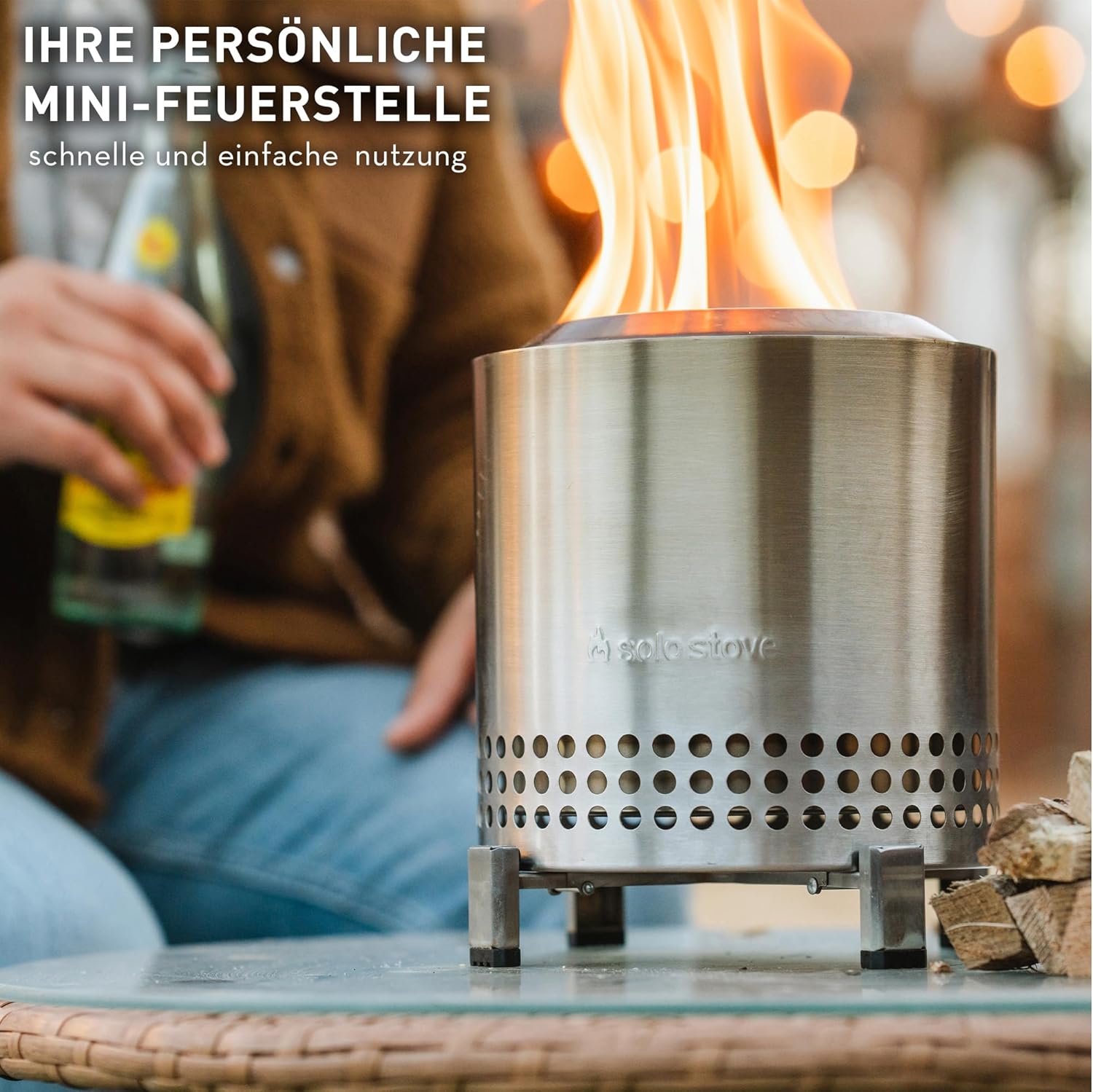 Solo Stove Mesa XL Tischfeuer Outdoor | Raucharmer Mini Tischkamin, Deko für Garten, Terrasse und Balkon, Für Pellets/Holz, Edelstahl, Inkl. Standfuß, Aufbewahrungsbeutel, 21,8 x 17,8cm, 1 kg, Silber