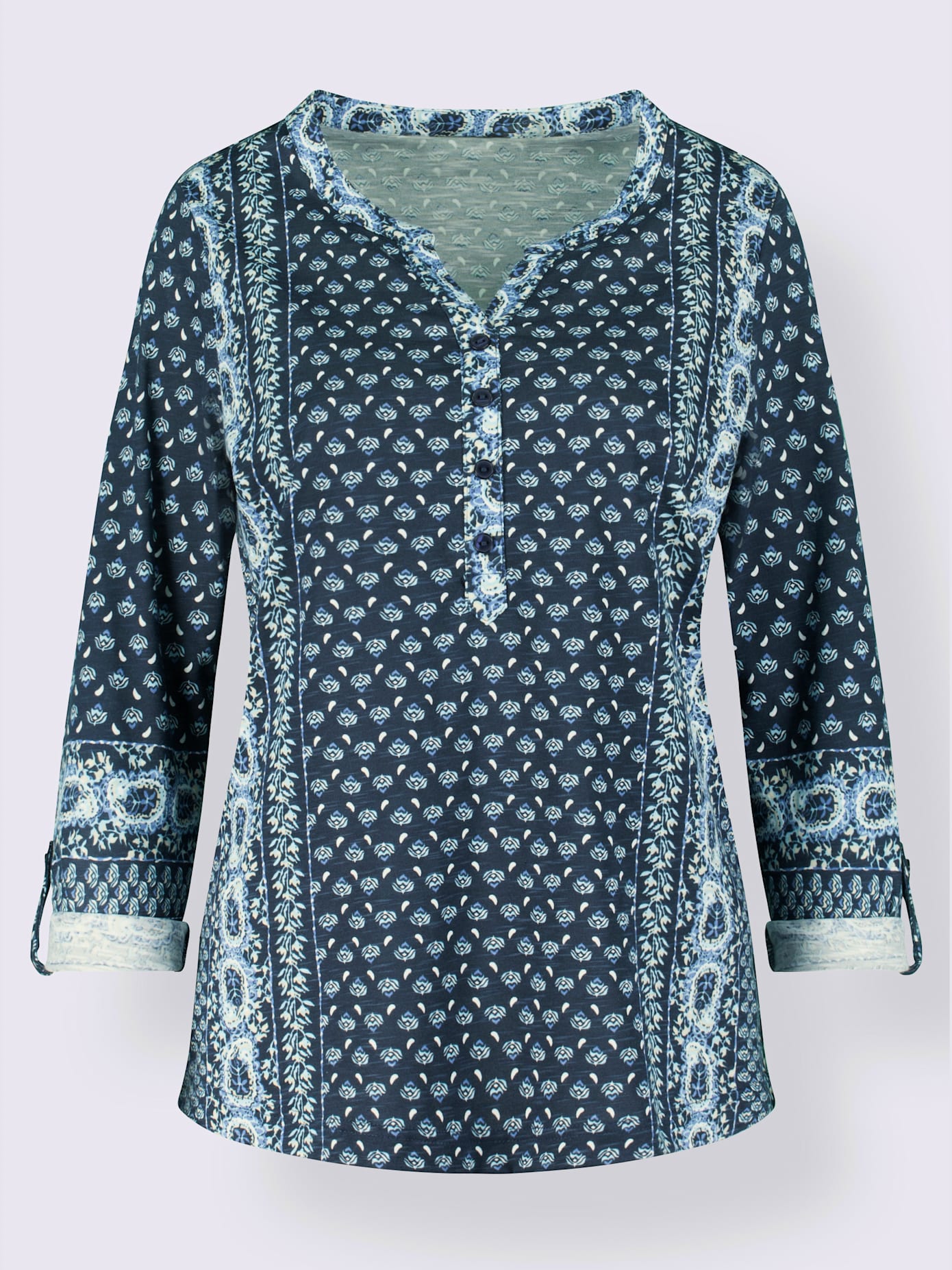 T-shirt imprimé motif cachemire col tunisien manches longues avec bride