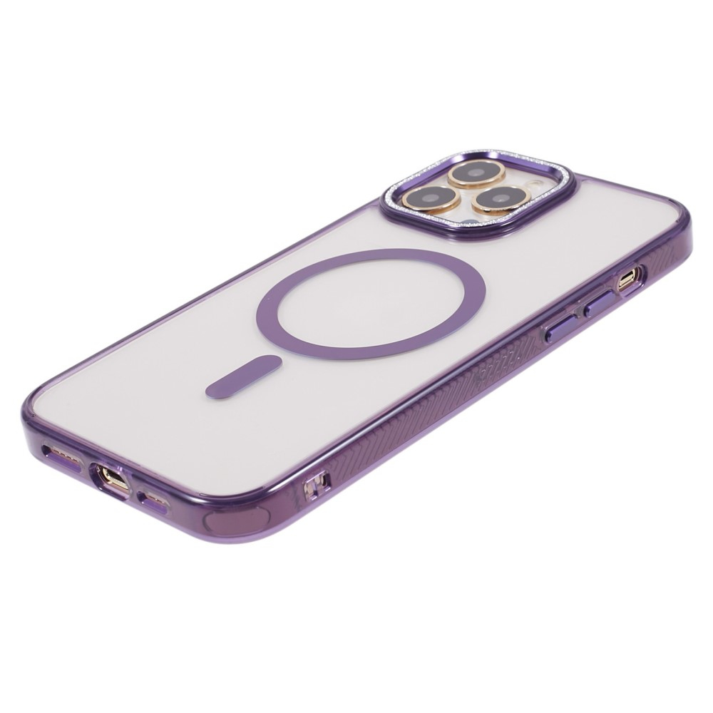 iPhone 14 Pro Max MagSafe Gummi Case Hülle mit Glitzer Aluminium Kameraschutz - Lila / Transparent