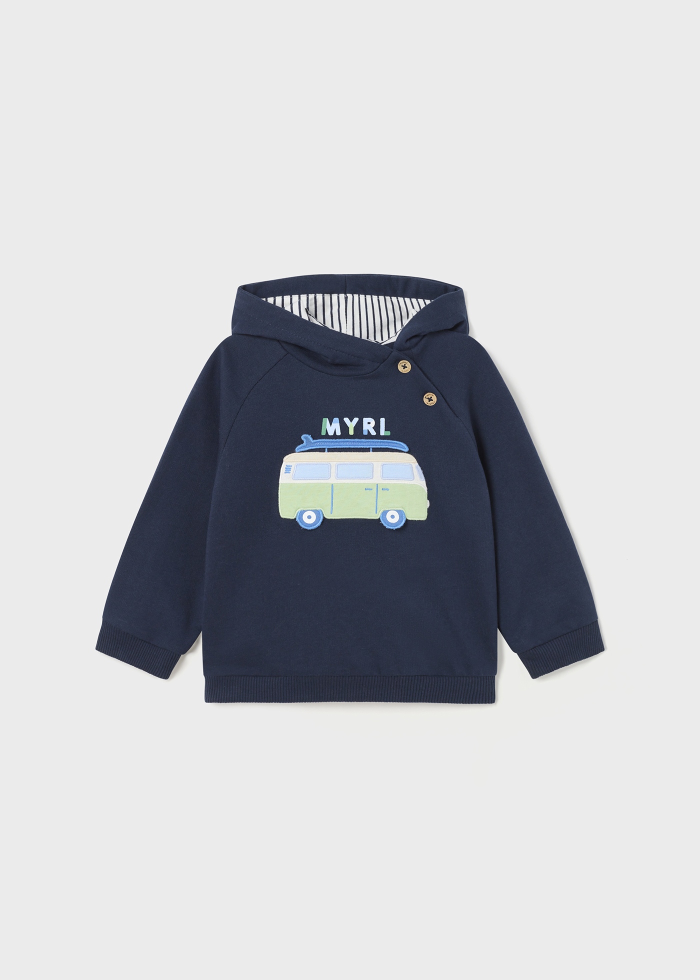 Moletom infantil com capuz e design interativo.