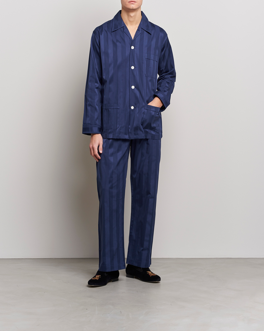 Derek Rose Striped Cotton Satin Pyjama Set Navy