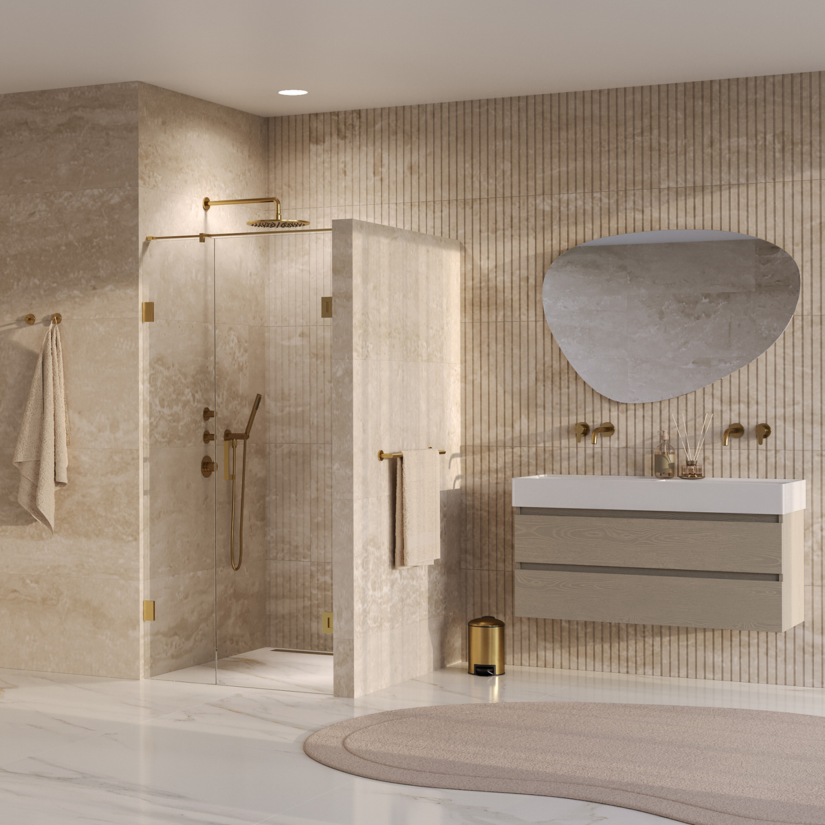 Brauer Void profielloze nisdeur 100cm met draaideur 60cm aan muur messing geborsteld PVD